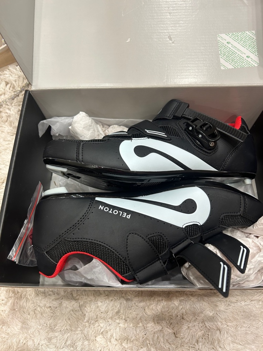 Peloton Black Cycling Shoes with White Logo and Red Accents